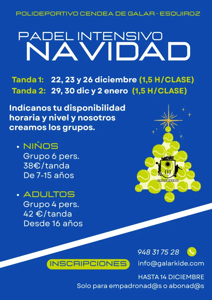 Padel intensivo Navidad 2025-2026 en Polideportivo Cendea de Galar